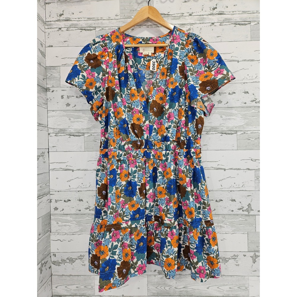 Anthropologie Floral Smocked Waist Mini Dress Blue Orange Cotton 2X Pockets
